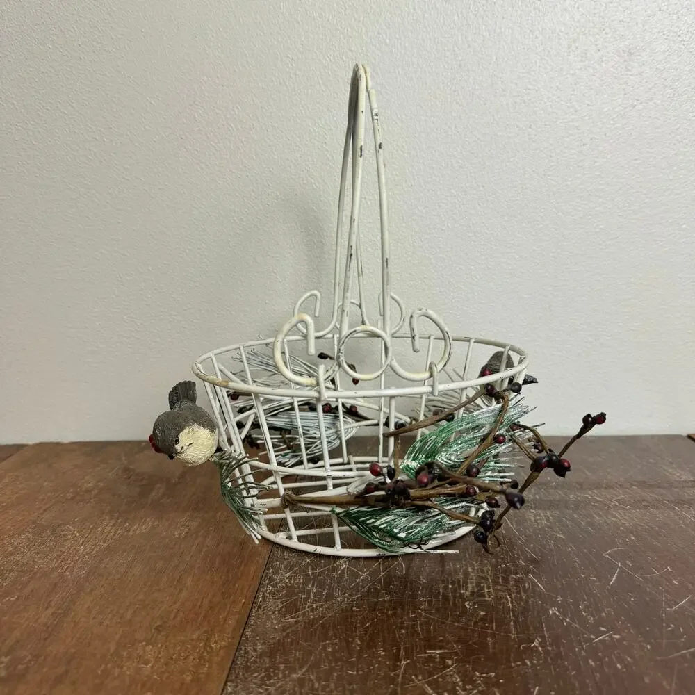 Metal‎ Wire basket with greenery bird Christmas holiday winter decor